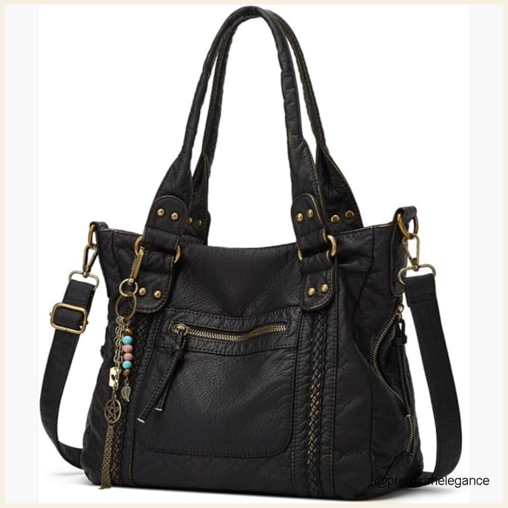 Large Vegan Leather Hobo Bag with 13 Pockets Adjustable Crossbody Strap